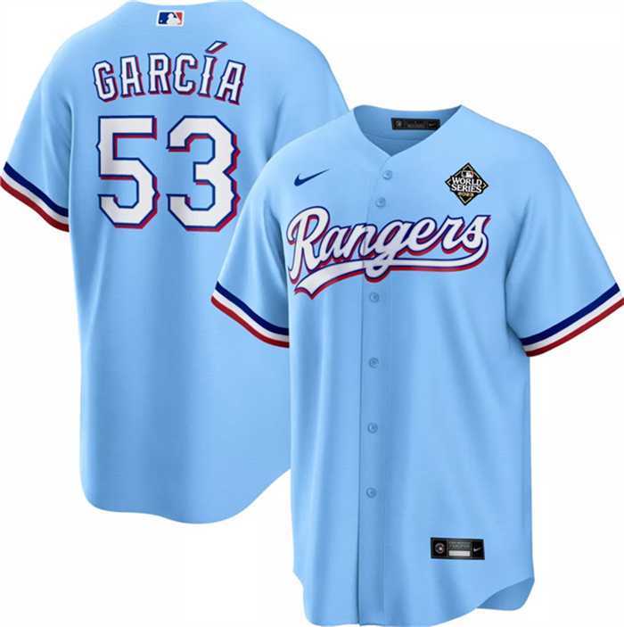 Mens Texas Rangers #53 Adolis Garcia Blue 2023 World Series Cool Base Stitched Baseball Jersey Dzhi